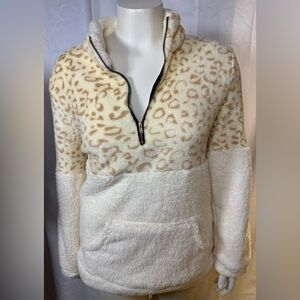 Anthropologie MACARON Sweater Ivory Beige Leopard Print Pullover Zip Medium